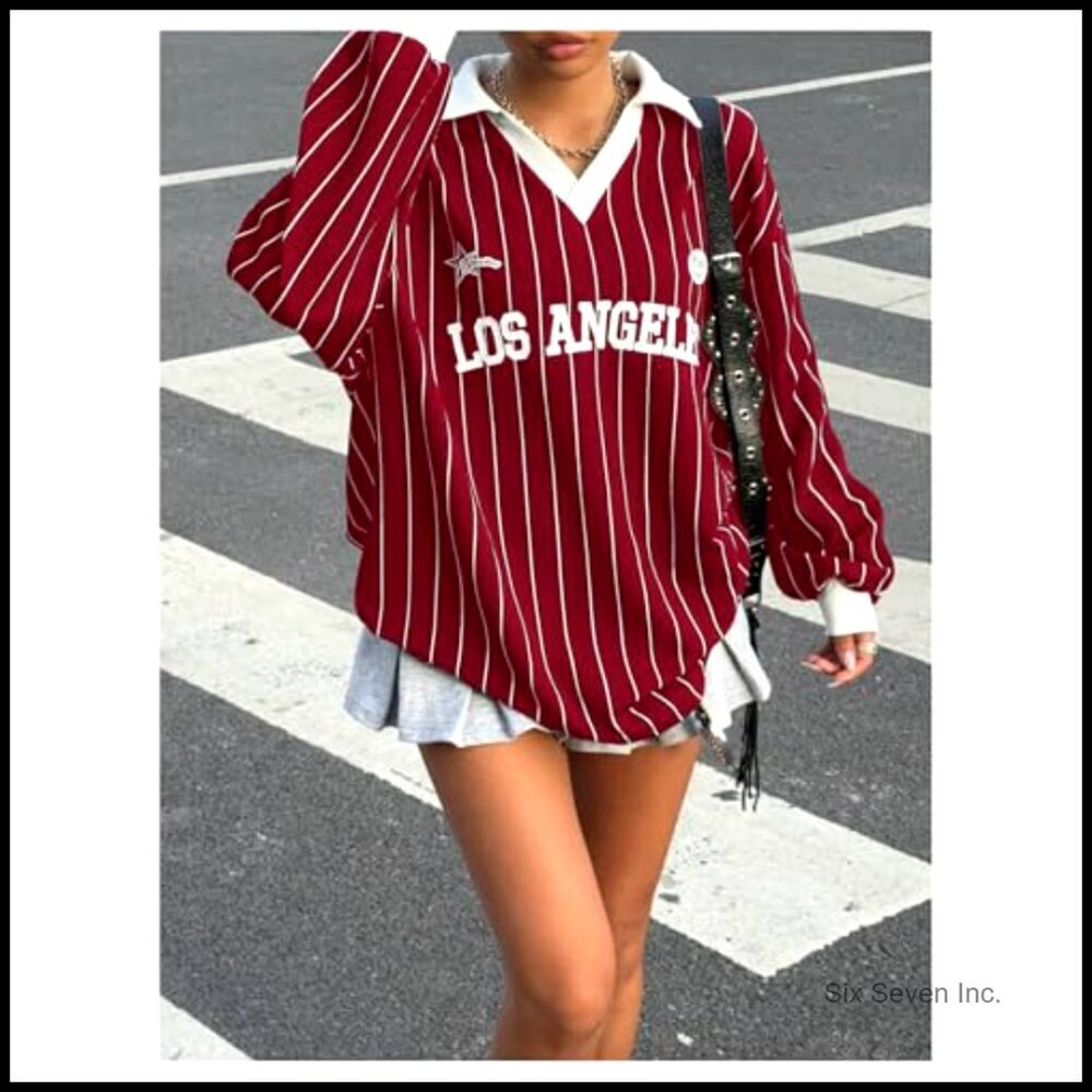 Oversized Striped Letter Print V-Neck Long Sleeve Jersey Tee Y2K Loose Fit - Picture 5 of 7